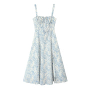 Womens French-style Square-neck Vintage-print Sweet Lace-up Strap Dress
