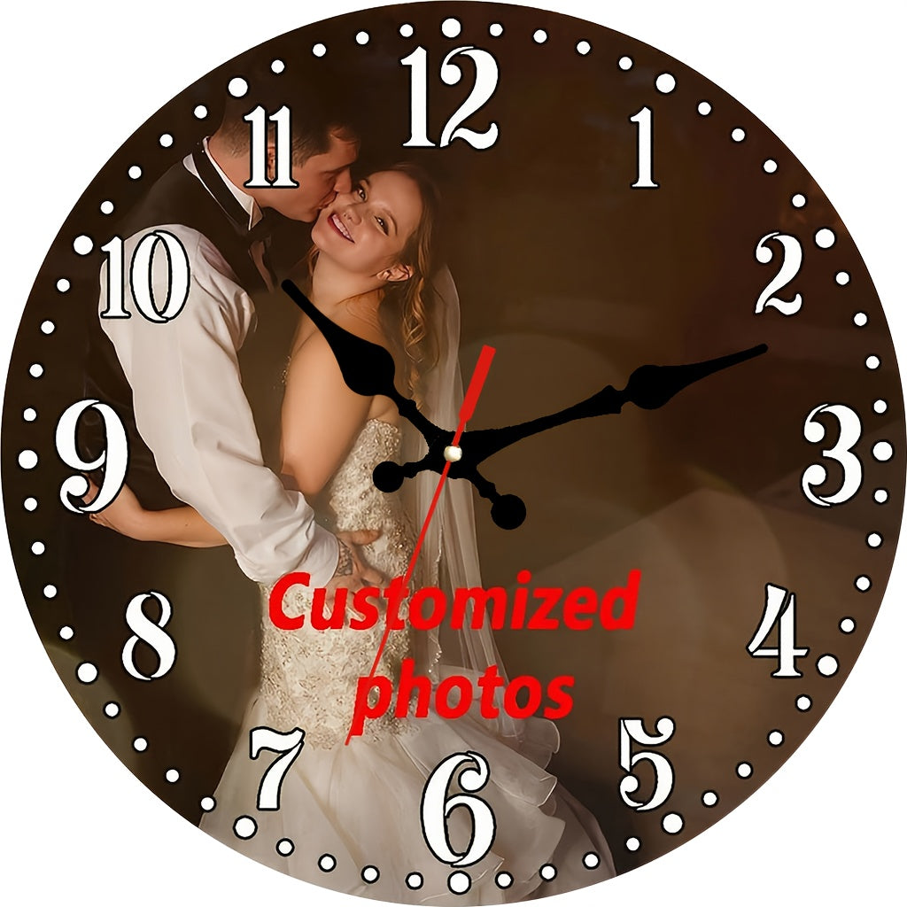 1 Custom Photo Wall Clock - Personalized Photo Upload, Silent Non-Ticking Modern Round Design with Black Hands & White Dial, Japanese Quartz Movement, Wood Frame - Upload Your Own Picture for Home Decor, Weddings, Birthdays, Anniversaries