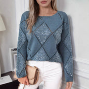 Hollow Sequin Knitted Sweater for Women's Autumn and Winter New Item, European and American Cross-border Diamond Grid Pullover Loose Sweater