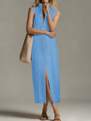 Women's Sleeveless Zip Front Maxi Dress Stand Collar Split Hem Casual Long Dress for Summer