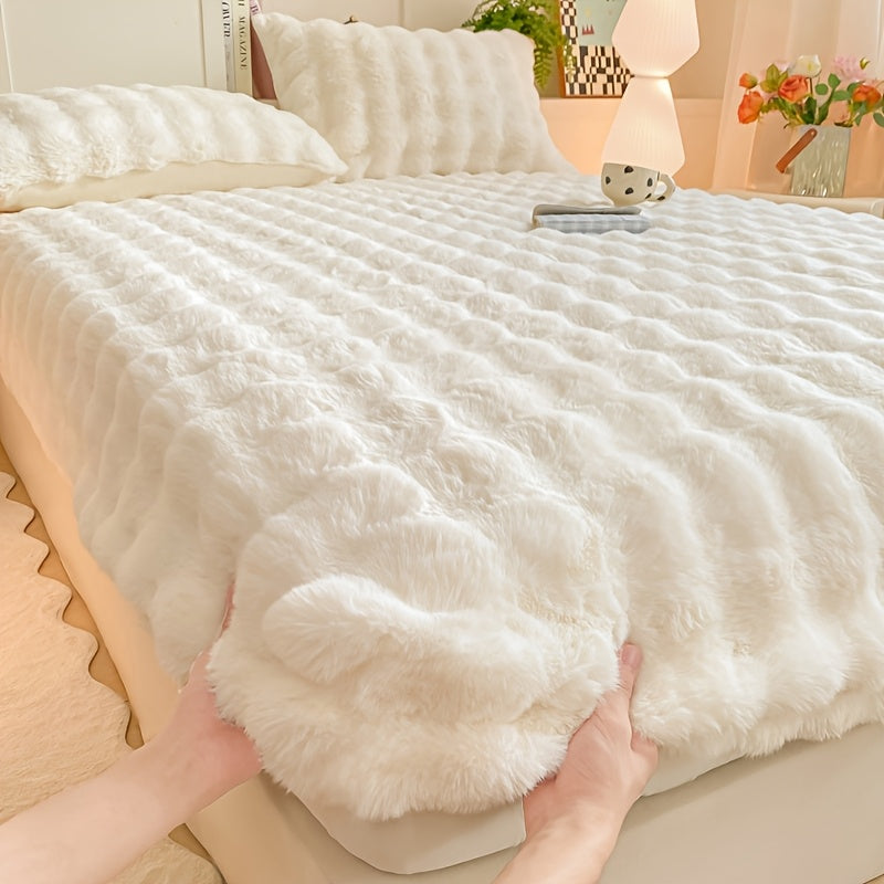 Rabbit Fur Like Plush Fitted Sheet With 11.8" Deep Pocket Thickened Winter
