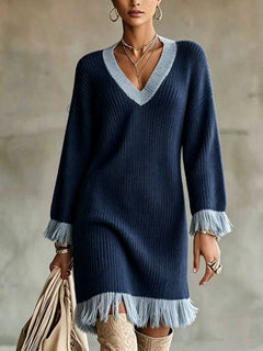 Colorblock V-Neck Tassel Knit Midi Sweater Dress