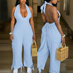 Casual Backless Halter Patch Pocket Jumpsuit Romper
