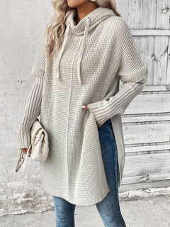 Sweater with Slits in the Sleeves and a Hooded Knitted Coat with a Slit Hem