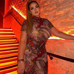 Women's Backless Printed Sheer Mesh Jumpsuit