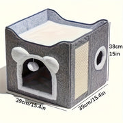 16-Inch Multi-Tiered Cat Cube Bed with Plush Dangling Ball