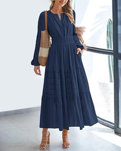Chic V-Neck Ruched Tiered Long Sleeve Dress
