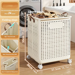 Large foldable wheeled laundry hamper with sturdy handles