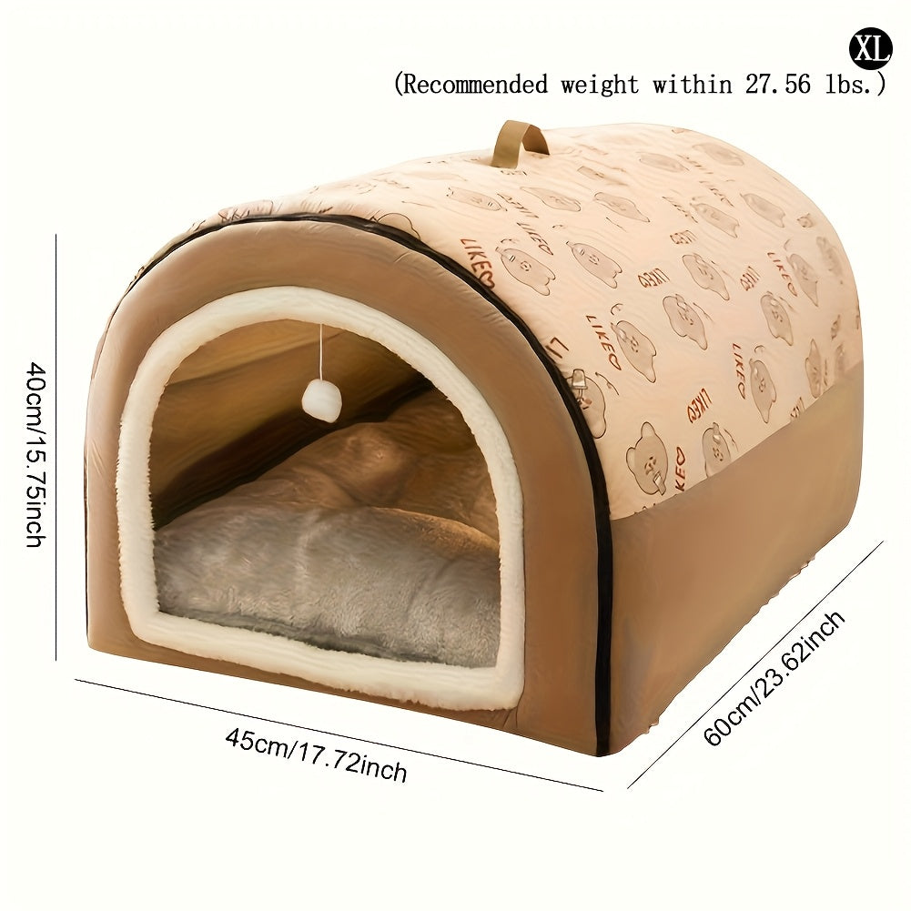 Cozy Pet Tent 2-in-1 Detachable Dog Tent Cave & Pet House - Soft Windproof Washable Fabric with Cute Cartoon Bear Pattern, Light Beige-Friendly Comforter for Medium/Large/Small