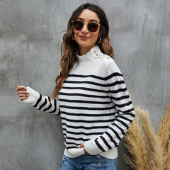 Women's Striped Sweater Loose Long Sleeve Stand Collar Sweater