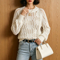 Casual Versatile Semi-sheer Long Knit Pullover with Openwork Design