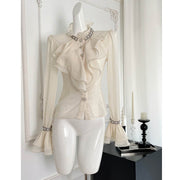 Exquisite Rhinestone White Shirt High-grade Chiffon Ruffle Top