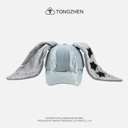 Washed Denim Baseball Hat with Rabbit Ears Design