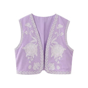Summer Floral Vest for Women, Multi-Color Embroidered Open-Front