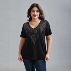 Slim-Fit Black V-Neck T-Shirt with Diamond Print – Comfortable & Versatile