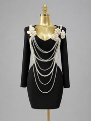 V-neck Long Sleeve Pearl Chain Floral Bodycon Mini Dress