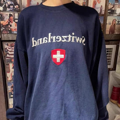 Embroidered Flag Long Sleeve Baggy Pullover Sweater