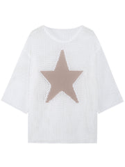 Boho Women Contrast Star Hollow Mesh Knit Top Oversized 3 Quarter Sleeve Bikini Beach Cover Up