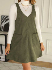 Trendy V-Neck Solid Corduroy Suspender Dress
