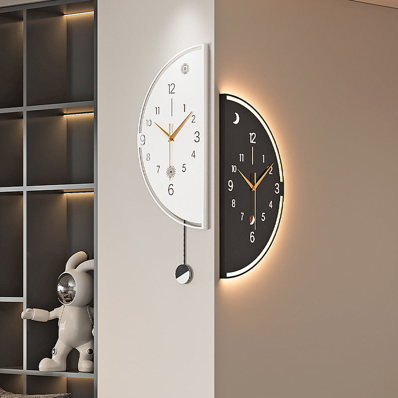 Double-Sided Wall Clock with Light, Voice-Activated Light-Up Clock, Wall Clock, Corner Double-Sided Wall Clock, Home Corner Clock, Silent Clock, Wall Clock, Living Room, Dining Room, Kitchen, Black And White Half-Moon Shape, Arc Shape