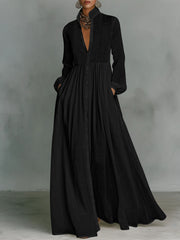 Women Elegant Stand Collar V Neck Shirt Maxi Dress, Long Sleeve Button Front Flowy Loose Floor Length Dresses with Side Pockets