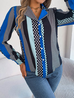 Women's Office Elegant Color Block Polka Dot Notched Lapel Long Sleeve Shirt