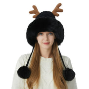 Warm Antlers Knitted Hat - Large Plush Edge Wool Beanie for Women