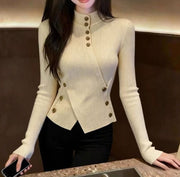 Autumn and Winter Retro Apricot Semi-high Neck Knitted Sweater Women's Fitted Base Shirt Long Sleeve Top