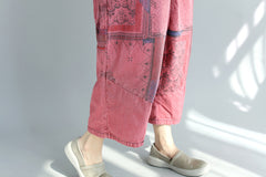 Printed Distressed Cropped Stitching Denim Suspender Pants