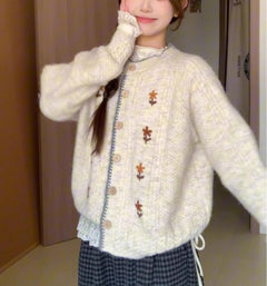 Japanese Style Soft Glutinous High-grade Round Neck Flower Knitted Cardigan Sweater Coat for Women