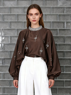 Round Neck Rhinestone Loose Solid Color Pullover Shirt