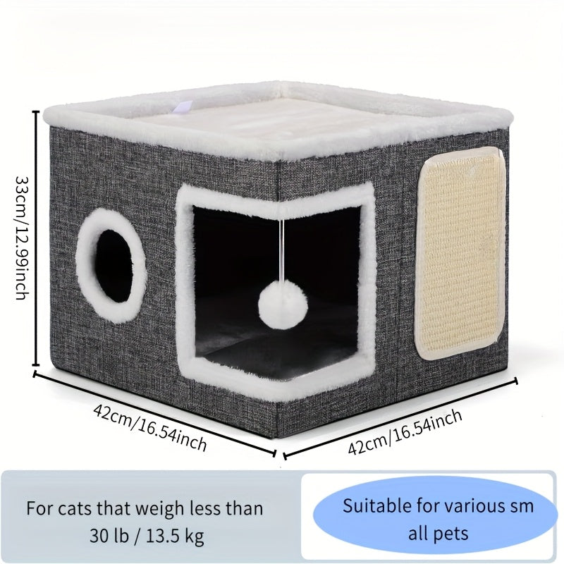 Luxurious Multi-Tier Cat House with 2-Tier Bed, Toy Tunnel & Foldable Scratching Post - Cozy Indoor Cat Cube Bed with Plush Hanging Ball, Nylon Frame & Canvas Construction,