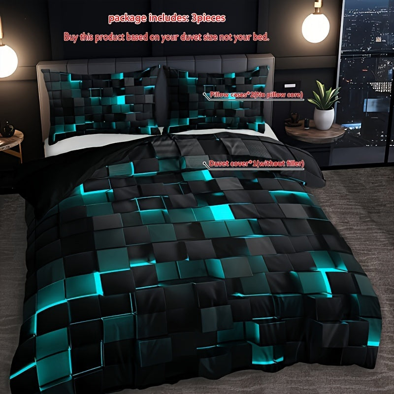 Stylish Tech Themed Plaid Duvet Cover Set High Definition Digital Print &