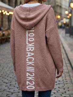 Women Hooded Long Knit Duster Open Front Letter Jacquard Back Cardigan with Side Pockets