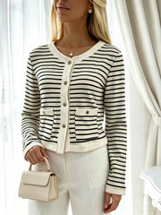 Contrast-color Knitted Cardigan with Striped Crewneck Top for Women