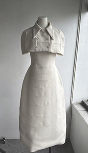 Cream Structured Capelet Midi Dress Two-Piece Set