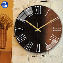 Large modern wall clock with Roman numerals and black and gold accents