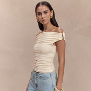 Slim Fit Off‑Shoulder Pleated Top – Light Apricot & Pink