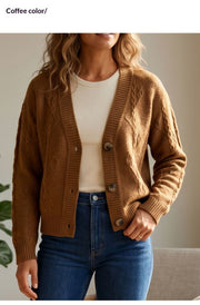 New European and American-style Coffee-colored Cable-knit Cardigan