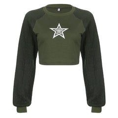 Star Print Contrast Raglan Sleeve Trendy Sweater