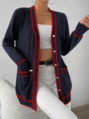 V-neck Striped Trim Knit with Button & Pocket Loose Cardigan