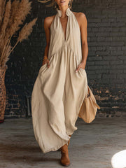 Chic Solid Sleeveless Stand-Collar Vacation Dress