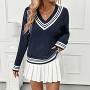 V-neck Cable-knit Sweater European and American Women's Clothing College Style Contrast Color Pullover