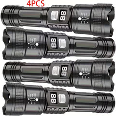 4-piece rechargeable LED flashlight set with zoomable spotlight and USB cable