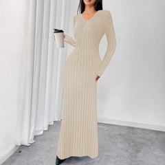 Ribbed Knit V-Neck Half-Button Maxi Dress