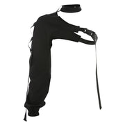 Irregular Backpack Buckle Long‑Sleeve Ribbon Blouse