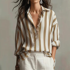 Striped Lapel Collar Loose-Fit Stylish Pullover Womens Blouse
