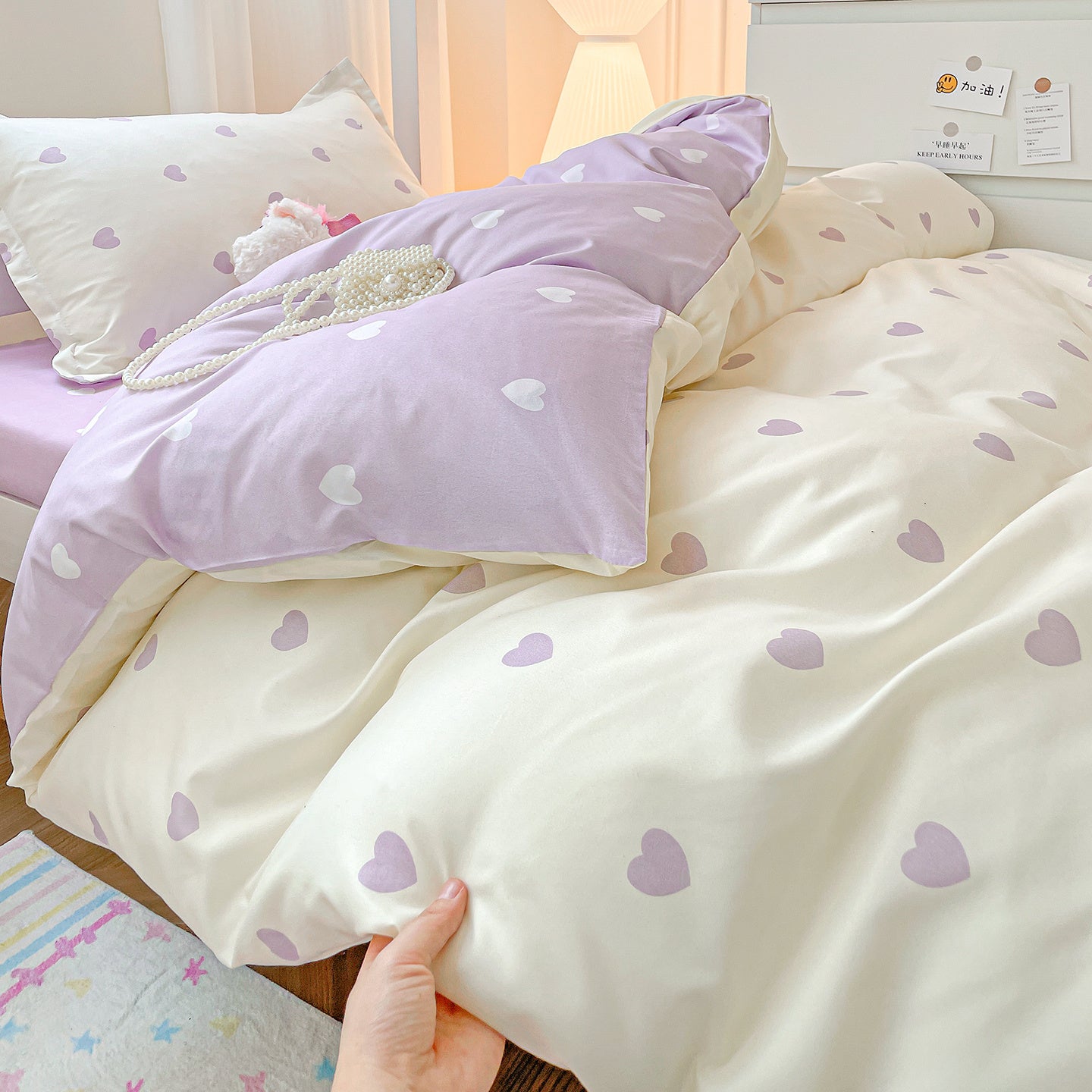 Full Size Set: Minimalist Purple Heart Pattern Duvet Cover Pillowcases Soft And