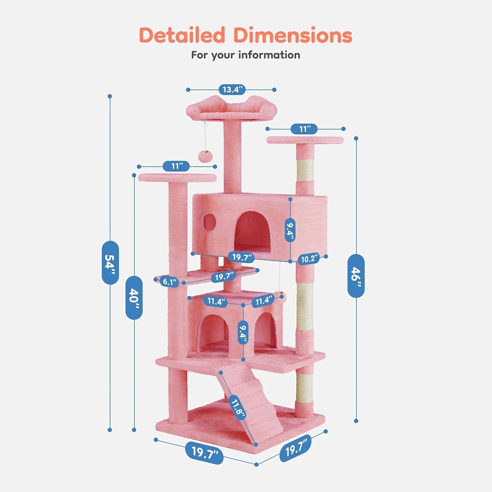 54 Inch Large Cat House & Crawler - Multi-Layer Play System With Detachable Toys & Rest Platform, Durable Pink For Multi-Cat Homes