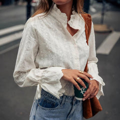 French Stand Collar Ruffle Bell Sleeve Embroidered Jacquard Shirt